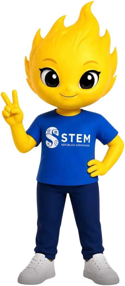 Spark, la mascota de SOMOS STEM: un personaje amarillo con forma de chispa, camiseta azul de STEM y gesto de victoria